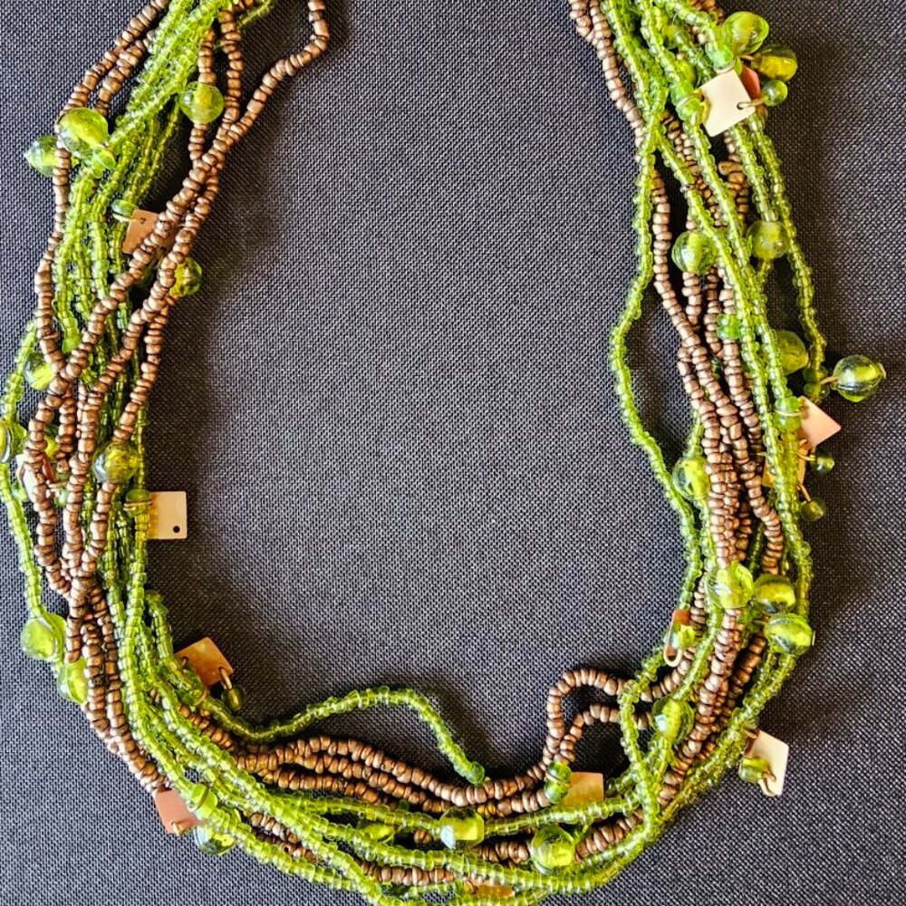 Green & Brown Beaded 10 Strand Necklace 20"
